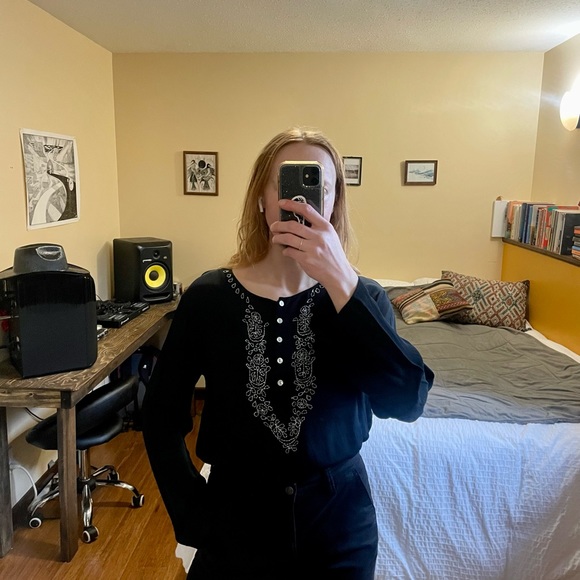 Vintage Navy Blue Hand Embroidered Blouse - Picture 3 of 4